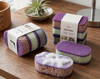 May include: A selection of multi-coloured cleaning sponges. The sponges are in shades of purple, green, and grey, some with the word "Espongas" on the packaging. One sponge has soap suds.