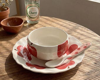 Hand-Painted Apple Ceramic Bowl and Plate Set, Cottagecore Fruit Salad Tableware
