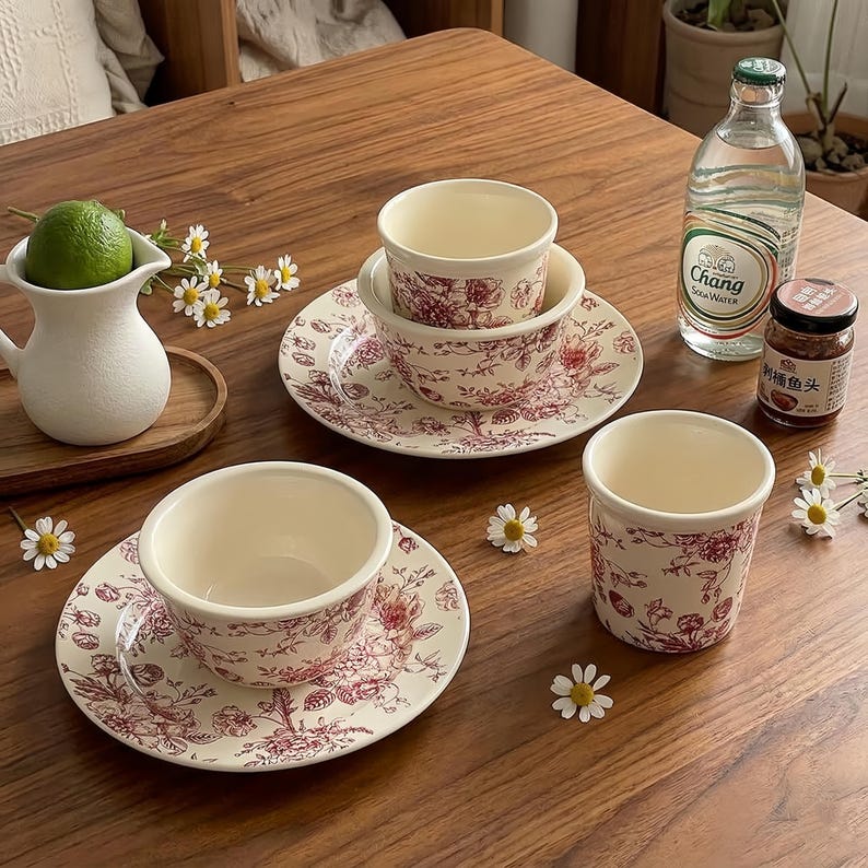 May include: A set of cream-colored ceramic tableware with a red floral pattern. The set includes bowls, saucers, and a cylindrical cup. A white pitcher with a lime inside is also present, along with a bottle of soda water and a jar of food.