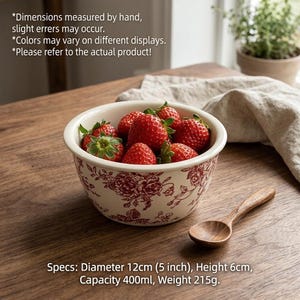 May include: A ceramic bowl with a floral pattern, filled with fresh strawberries. A wooden spoon rests beside the bowl. The bowl is 5 inches in diameter and 6 cm high. The capacity is 400ml, and the weight is 215g.