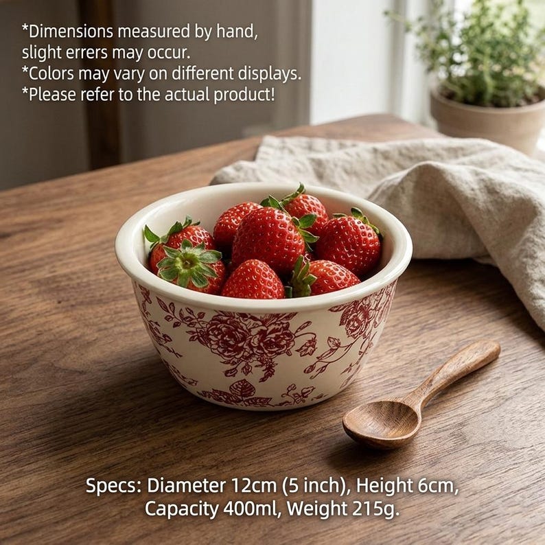 May include: A ceramic bowl with a floral pattern, filled with fresh strawberries. A wooden spoon rests beside the bowl. The bowl is 5 inches in diameter and 6 cm high. The capacity is 400ml, and the weight is 215g.