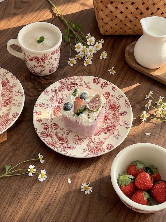 Vintage Rose Ceramic Dinnerware, French Country Floral Plate, Toile Berry Bowl, Shabby Chic Mug