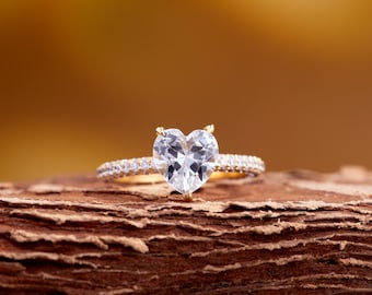 14k Gold Heart Promise Ring - Moissanite Stone, Art Deco Style