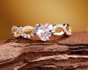 14k Real Solid Yellow Gold Infinity Heart Ring ~ 925 Sterling Silver Women Heart Ring ~ Infinity Symbol Gemstone Gold Ring ~ Valentine's day