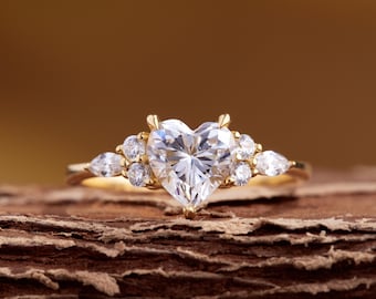 Dainty Gold Heart Promise Ring: Moissanite, Art Deco Style