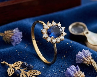 14K Gold Oval Cut Sapphire Halo Ring • Art Deco Engagement Ring