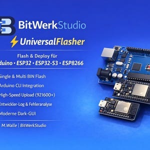 May include: A blue background with the BitWerkStudio logo and text for Universal Flasher. The image features electronic circuit boards, including an Arduino and ESP32, with text highlighting features like Arduino CLI integration.