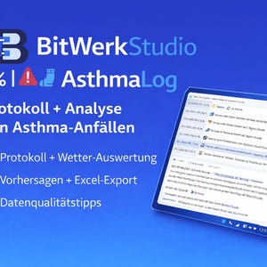Puede incluir: Una tableta digital que muestra la interfaz de la aplicación "AsthmaLog", sobre un fondo azul degradado. La aplicación presenta análisis de datos y opciones de protocolo. El texto incluye "BitWerkStudio" y "Protokoll + Analyse von Asthma-Anfällen."