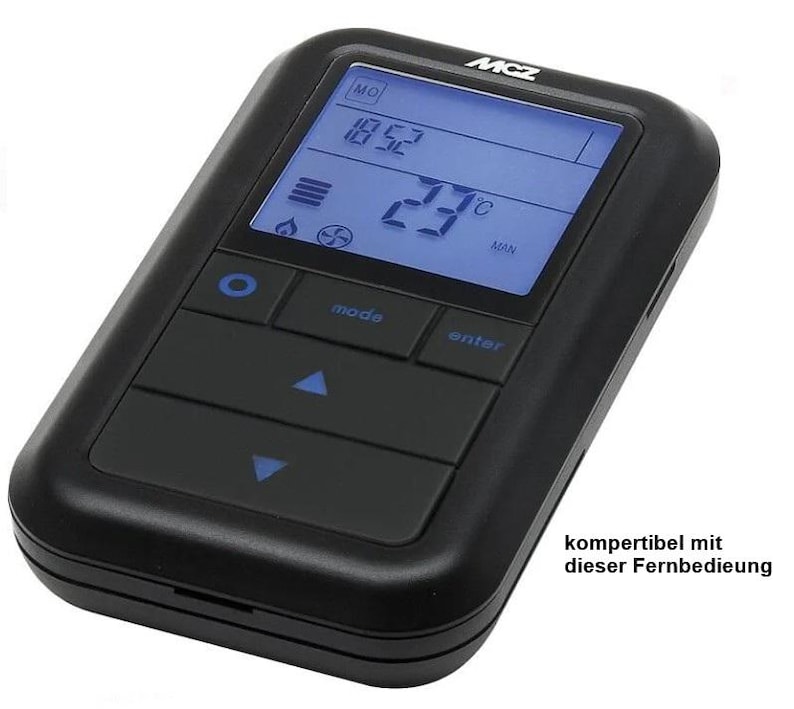 May include: A black rectangular remote control with a blue LCD screen showing time and temperature. The remote has buttons labelled "mode" and "enter", with up and down arrows. The text "MCZ" is at the top.