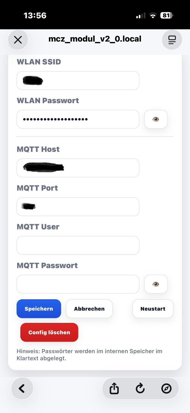 May include: A mobile device screen showing a configuration interface with fields for WLAN SSID, password, MQTT host, port, user, and password. Buttons for saving, cancelling, and restarting are displayed. The text 'Config l&ouml;schen' is visible.