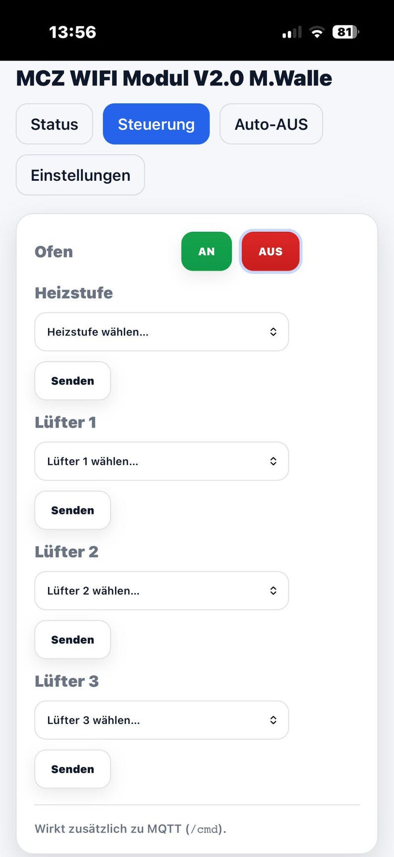 May include: A mobile app interface displaying "MCZ WIFI Modul V2.0 M.Walle." The screen features buttons for "Status," "Steuerung," and "Auto-AUS." The app allows control of an oven, with options for heating levels and fan settings.