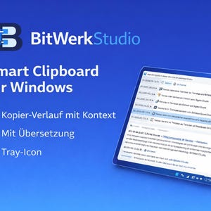 Puede incluir: Una tableta digital que muestra la aplicación BitWerkStudio Smart Clipboard para Windows. La pantalla muestra texto e iconos, con el logotipo de la aplicación y las funciones enumeradas sobre un fondo azul.