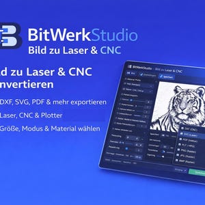 Peut inclure: Interface numérique sur tablette affichant une illustration de tigre en noir et blanc. L'écran propose des options pour convertir des images en formats laser et CNC, avec du texte en allemand. Le logo BitWerkStudio est en haut.