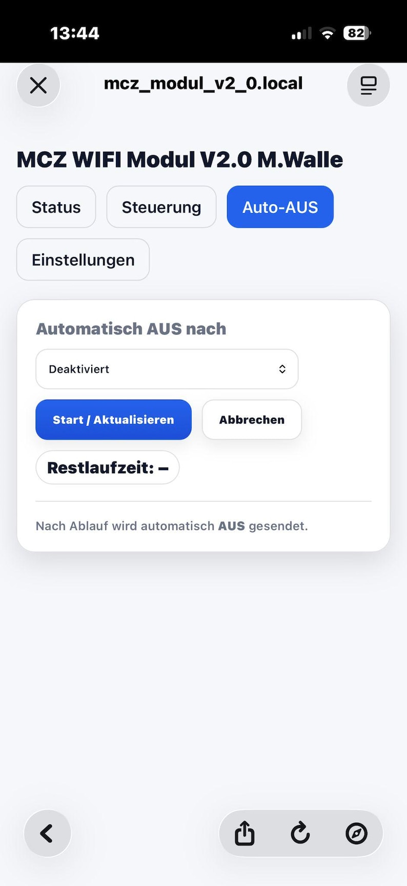 May include: Screenshot of a mobile device screen showing the MCZ WIFI Modul V2.0 M.Walle interface. The interface includes options for status, control, and auto-off settings. The screen shows the auto-off settings, with options to start/update or cancel.
