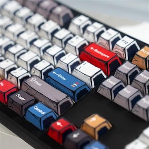 Peut inclure: Gros plan sur un clavier mécanique avec des touches personnalisées. Les touches présentent un design unique de style bande dessinée avec des contours noirs et diverses couleurs, dont le rouge, le bleu et le gris. Les touches sont étiquetées avec des fonctions de clavier courantes.