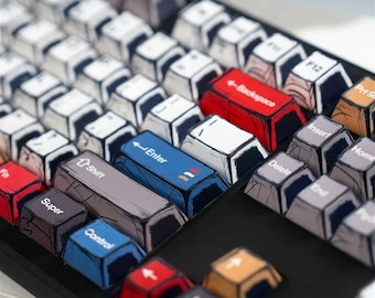 Manga Style Keycap Set - 136 PBT Cherry Profile Keycaps | Aesthetic Pastel Color Block Design for 60% 84 98 108 Mechanical Keyboards