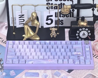 Korean Purple Keycap Set 130 Keys, Water Lily Inspired Theme, Classic Profile PBT, Side-Engraved Hangul, Translucent Sublimation Keycap Set