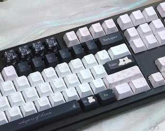 Bear Flower Bunch Keycaps, Retro Black & Pink PBT Material, Original Factory Height, Custom Mechanical Keyboard Keycap Set