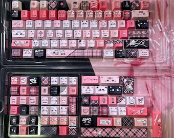 Black Pink Cat Keycap Set, 130 PBT Side-Carved Keys, Cute Keycaps for Mechanical Keyboard, 7U Split Layout, Aesthetic Design