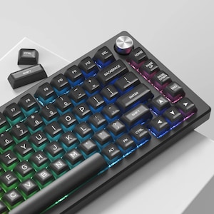 May include: A black mechanical keyboard with backlit keys. The keyboard has a variety of keys, including function keys, number keys, and arrow keys. The keys are illuminated with a rainbow of colors, and the keyboard has a volume control knob.