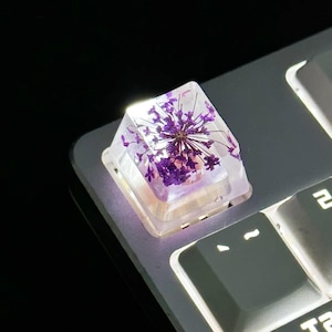Może przedstawiać: Przezroczysty, kwadratowy klawisz z fioletowym kwiatem w środku, spoczywający na szarej klawiaturze. Kwiat ma kulisty kształt z wieloma małymi fioletowymi płatkami. Klawisz jest przezroczysty, przepuszczając światło.
