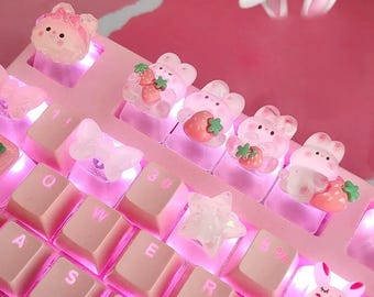 Transparent Strawberry Bunny Resin Keycap DIY Artisan PBT Key Cap for Mechanical Keyboard Cute Desk Decor