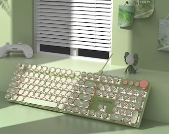 V20 Retro Typewriter Mechanical Keyboard 104 Round Keys, LED White Backlit, Punk Gaming Keyboard with Key-Wire Separation