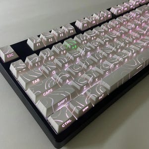 May include: A mechanical keyboard with white keycaps and a distinctive swirling pattern. The keys are illuminated with a soft pink light, and the keyboard has a black frame. The layout includes keys such as ESC, TAB, SHIFT, and CTRL.