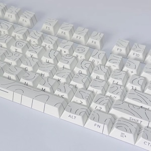 May include: A white mechanical keyboard with keycaps decorated with a black, abstract pattern. The keyboard includes function keys, letters, numbers, and symbols. The keys are arranged in a standard QWERTY layout.