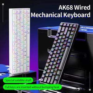 May include: Two AK68 wired mechanical keyboards are shown. One is white, the other black. Both keyboards have illuminated keys with a rainbow effect. Text on the image reads "AK68 Wired Mechanical Keyboard", "Special satellite shaft", and "Full keys are inserted without bumping heat."