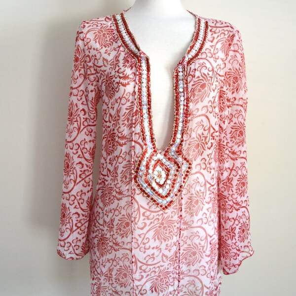 size Large Red Sheer Beaded Tunic, Embellished Tunic, Caftan, Kaftan, Dress, Resort Wear, Boho, Bohemian, Summer Dress, Cover Up