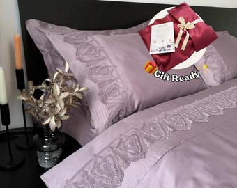 Lace Lila Baumwollsatin Bettbezug-Set - Luxusbettwäsche