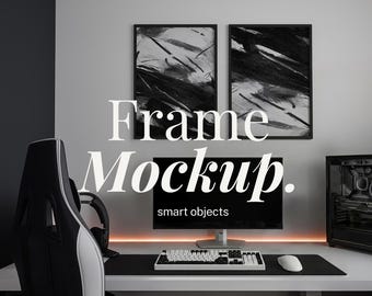 5x7インチのホワイトゲーミングデスク2台セット | 5:7インチフレームモックアップ（PSDファイル）