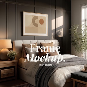 Maqueta de marco de dormitorio horizontal ultrarrealista DIN A / Interior cálido y acogedor Objeto inteligente de Photoshop