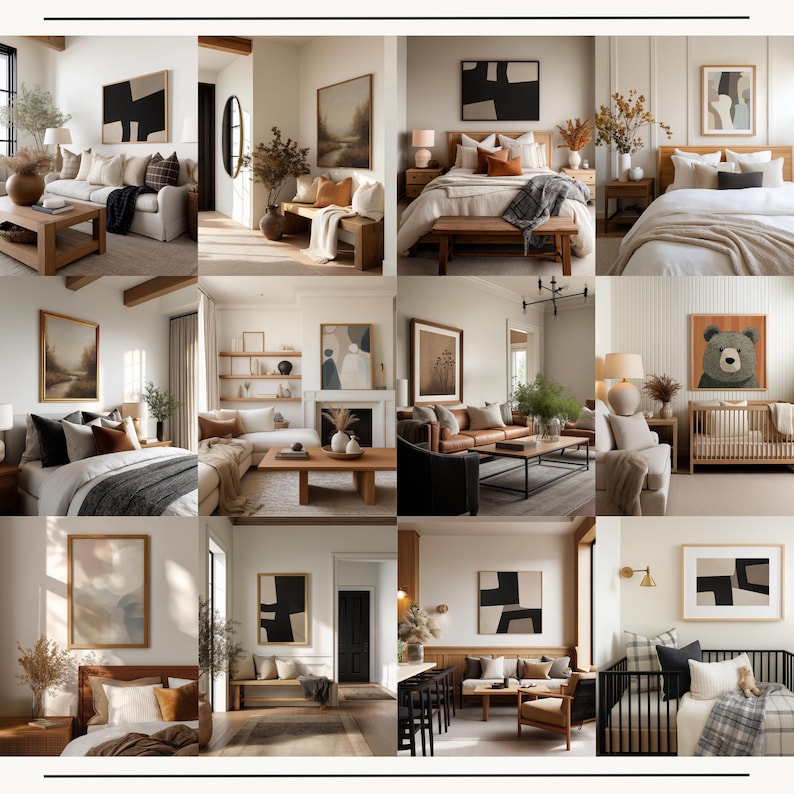 Puede incluir: Una colecci&oacute;n de im&aacute;genes de dise&ntilde;o de interiores que muestran varias habitaciones, incluyendo salones y dormitorios. Las habitaciones presentan paletas de colores neutros, muebles de madera y obras de arte abstractas. La decoraci&oacute;n incluye l&aacute;mparas, jarrones y cojines.