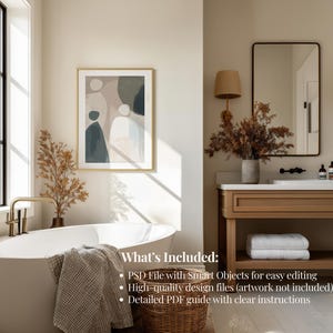 May include: A bathroom interior with a white oval bathtub, a framed abstract art piece, and a wooden vanity with a mirror. A woven basket and a towel are near the tub. The image includes text that says "What's Included:" and lists the digital product features.
