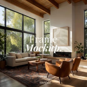May include: Interior scene featuring a beige sofa, two brown leather armchairs, and a wooden coffee table on a patterned rug. A framed artwork hangs above a fireplace. The text "Frame Mockup" is displayed.