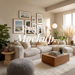 May include: A living room scene with a cream-colored sectional sofa, a wooden coffee table, and a gray knitted pouf. The wall features a gallery of framed landscape art. The text "Frame Mockup. smart objects" is visible.