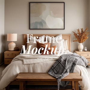 May include: A bedroom scene featuring a bed with a wooden frame, adorned with pillows and a blanket. A framed artwork hangs above the bed. A wooden bench sits at the foot of the bed. The text "Frame Mockup" is overlaid on the image.