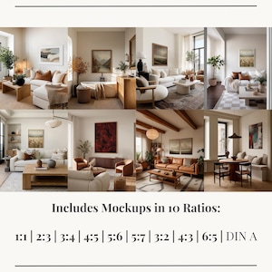 Puede incluir: Un collage de maquetas de dise&ntilde;o de interiores que muestra varios entornos de sala de estar. La imagen incluye m&uacute;ltiples habitaciones con sof&aacute;s, obras de arte y decoraci&oacute;n. El texto en la parte inferior dice "Includes Mockups in 10 Ratios:" seguido de las proporciones.