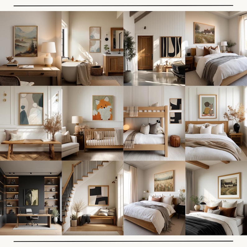 Puede incluir: Una colecci&oacute;n de im&aacute;genes de dise&ntilde;o de interiores que muestran varias habitaciones. Las im&aacute;genes incluyen dormitorios, ba&ntilde;os y oficinas en casa, todos con paletas de colores neutros, muebles de madera y obras de arte. Las habitaciones est&aacute;n decoradas con l&aacute;mparas, alfombras y otros elementos decorativos.
