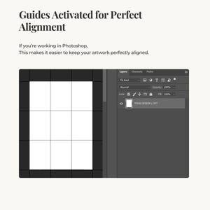 May include: A screenshot of Adobe Photoshop with guides activated for perfect alignment. The image shows a grid layout with the text "YOUR DESIGN | 5X7" in a layer panel. The text "Guides Activated for Perfect Alignment" is at the top.