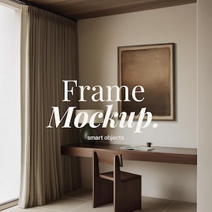 May include: Interior scene with a wooden desk, chair, and framed artwork. The text "Frame Mockup" is displayed in large white letters, with "smart objects" below. Beige curtains and a green vase add to the room's aesthetic.