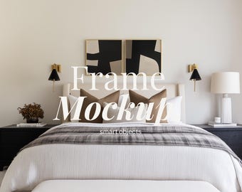 1x1木製フレーム2個セット | ベージュの壁掛けフレーム付き1:1寝室モックアップ