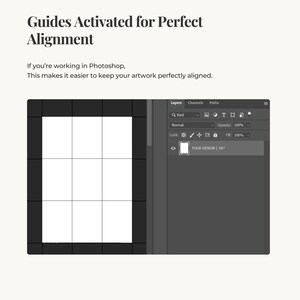 Puede incluir: Una captura de pantalla de Adobe Photoshop con gu&iacute;as activadas para una alineaci&oacute;n perfecta. La imagen muestra un dise&ntilde;o de cuadr&iacute;cula con el texto "YOUR DESIGN | 5X7" en un panel de capas. El texto "Guides Activated for Perfect Alignment" est&aacute; en la parte superior.