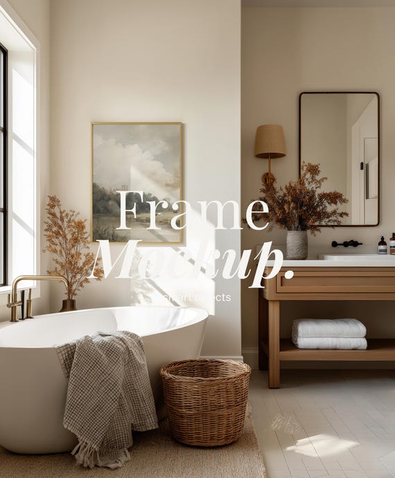 3x4 Bathroom Frame Mockup | Midcentury Bathtub Wall Art Display PSD | Vertical Poster Mockup | Interior Scene Smart Object Template