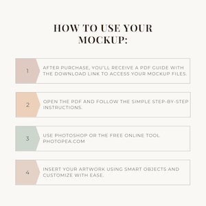 Puede incluir: Un gr&aacute;fico beige con el texto "HOW TO USE YOUR MOCKUP:" y pasos numerados. Los pasos explican c&oacute;mo acceder y utilizar archivos de maqueta, incluyendo el uso de Photoshop o Photopea.