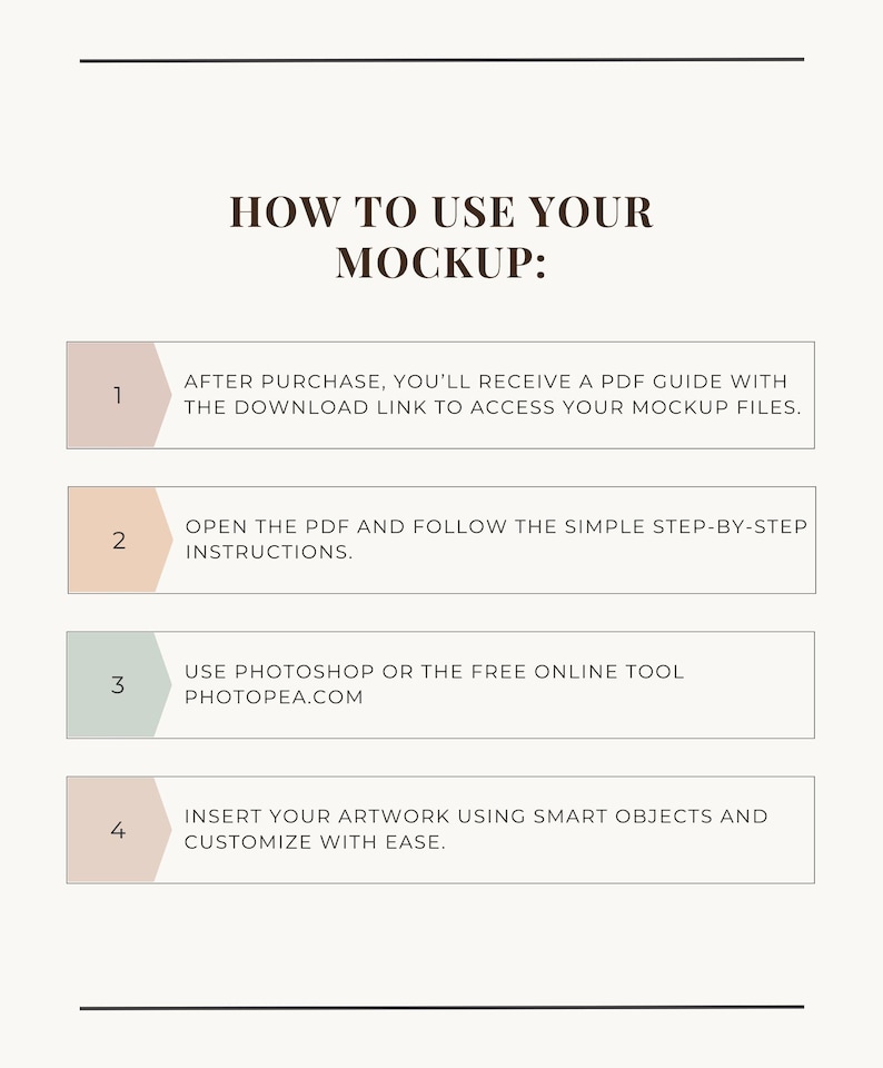 Puede incluir: Un gr&aacute;fico beige con el texto "HOW TO USE YOUR MOCKUP:" y pasos numerados. Los pasos explican c&oacute;mo acceder y utilizar archivos de maqueta, incluyendo el uso de Photoshop o Photopea.