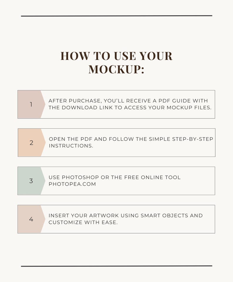 May include: A beige graphic with the text "HOW TO USE YOUR MOCKUP:" and numbered steps. The steps explain how to access and use mockup files, including using Photoshop or Photopea.