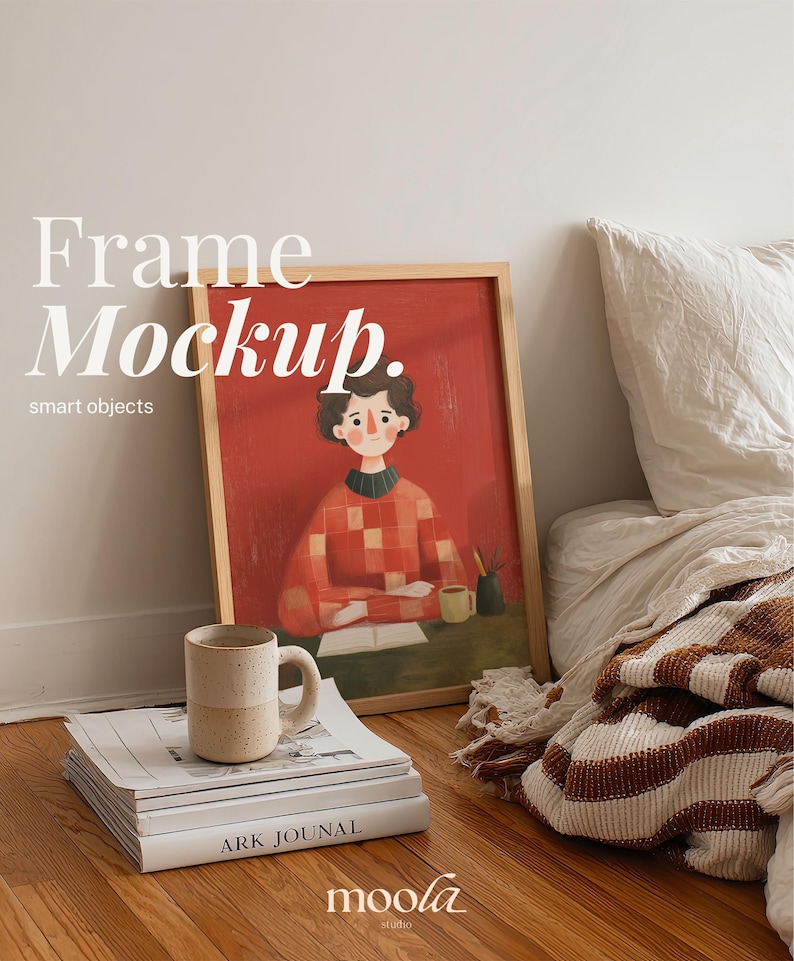 May include: A framed artwork with a red background and a person illustration, leaning against a white wall. A stack of books, a mug, and a pencil holder are in front of the frame. The text "Frame Mockup" is at the top of the image.